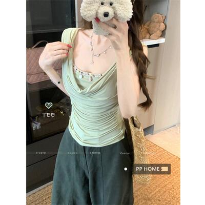 PPHOME 正肩t恤女2025新款爆款夏法式荡领高级小众无袖上衣