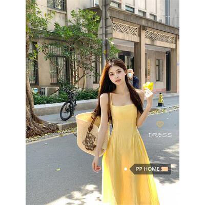 PPHOME伦敦书信~黄色吊带连衣裙女夏季温柔度假风收腰A字仙女长裙