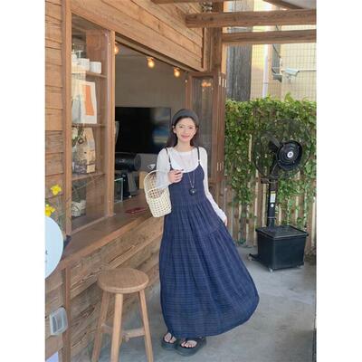 PPHOME复古蓝色格子吊带连衣裙女夏季薄款长袖T恤上衣温柔风套装