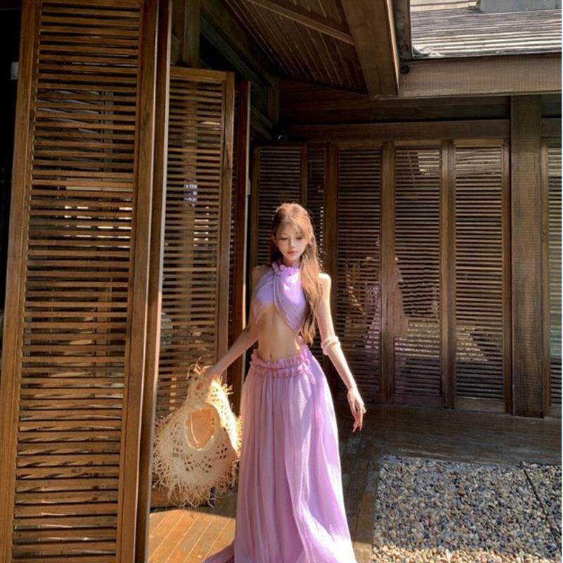 绝美度假穿搭套装女2026早春新款性感挂脖短款上衣雪纺半身长裙子