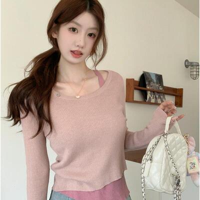 PPHOME假两件撞色圆领长袖针织衫女秋季韩系甜美粉色短款打底上衣
