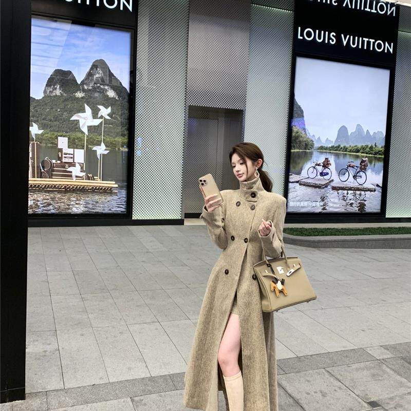新款秋冬季韩版收腰毛呢外套女高级感中长款过膝气质立领呢子大衣