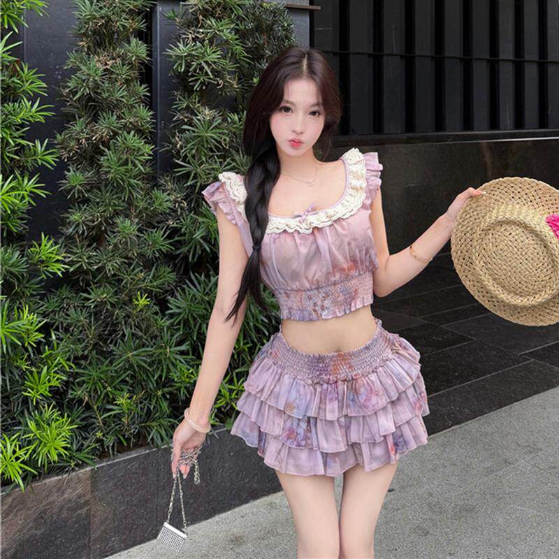 夏季纯欲辣妹风短款露脐紫碎花打揽上衣+蛋糕半身裙裤度假风套装