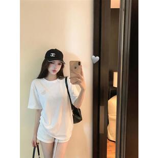 黑色草莓Kitty猫刺绣镂空短袖T恤女夏季宽松圆领小众慵懒白色上衣