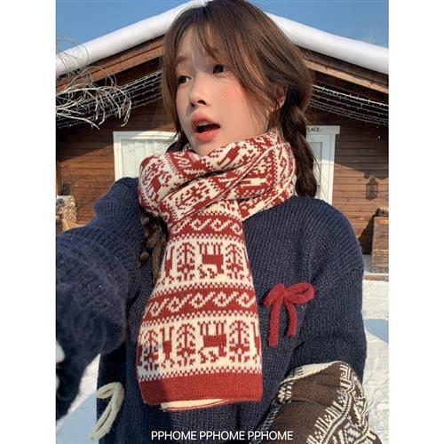 PPHOME自制~费尔岛围巾 双面围法复古圣诞新年针织围巾女百搭保暖