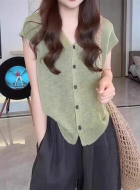 韩版复古绿色V领短袖针织开衫女夏季大码胖mm气质减龄高级感上衣