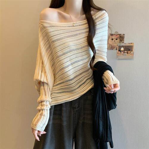 法式慵懒风斜肩一字肩针织衫女2025早秋新款大码微胖mm蝙蝠袖上衣