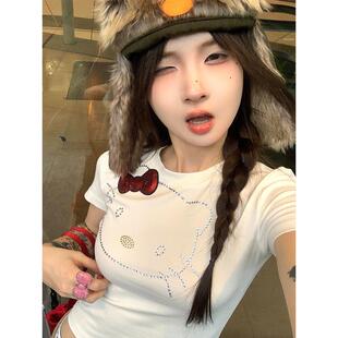 黑色草莓Kitty猫烫钻短袖T恤女夏季白色圆领纯欲紧身短款正肩上衣