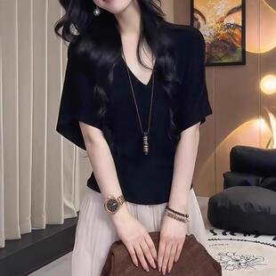 大码设计感冰丝V领蝙蝠袖薄款针织衫女夏季胖mm时尚修身显瘦上衣