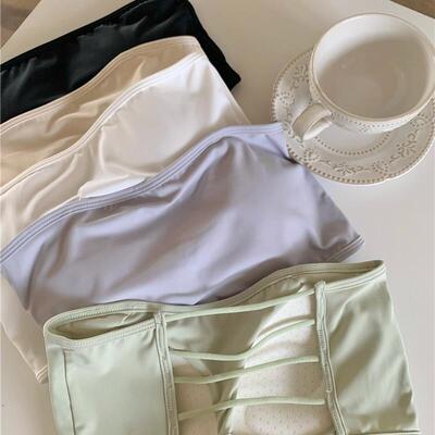 PPHOME自制~无肩带抹胸 冰丝美背纯色内搭裹胸防走光带胸垫上衣女