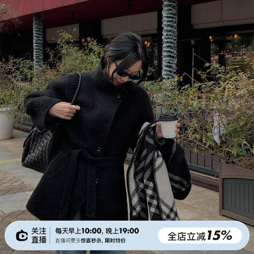 苏丽羊驼毛气质立领大衣外套