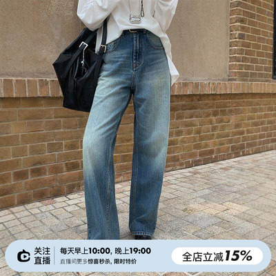 复古水洗蓝高腰直筒牛仔裤