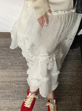 SHINE 重工设计感 立体花朵 抽绳松紧腰 白色多层拼接蛋糕半身裙