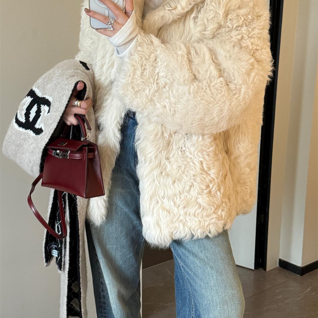 SHINE 韩女皮草 西班牙托斯卡纳 白月光 时髦立领 皮毛一体外套