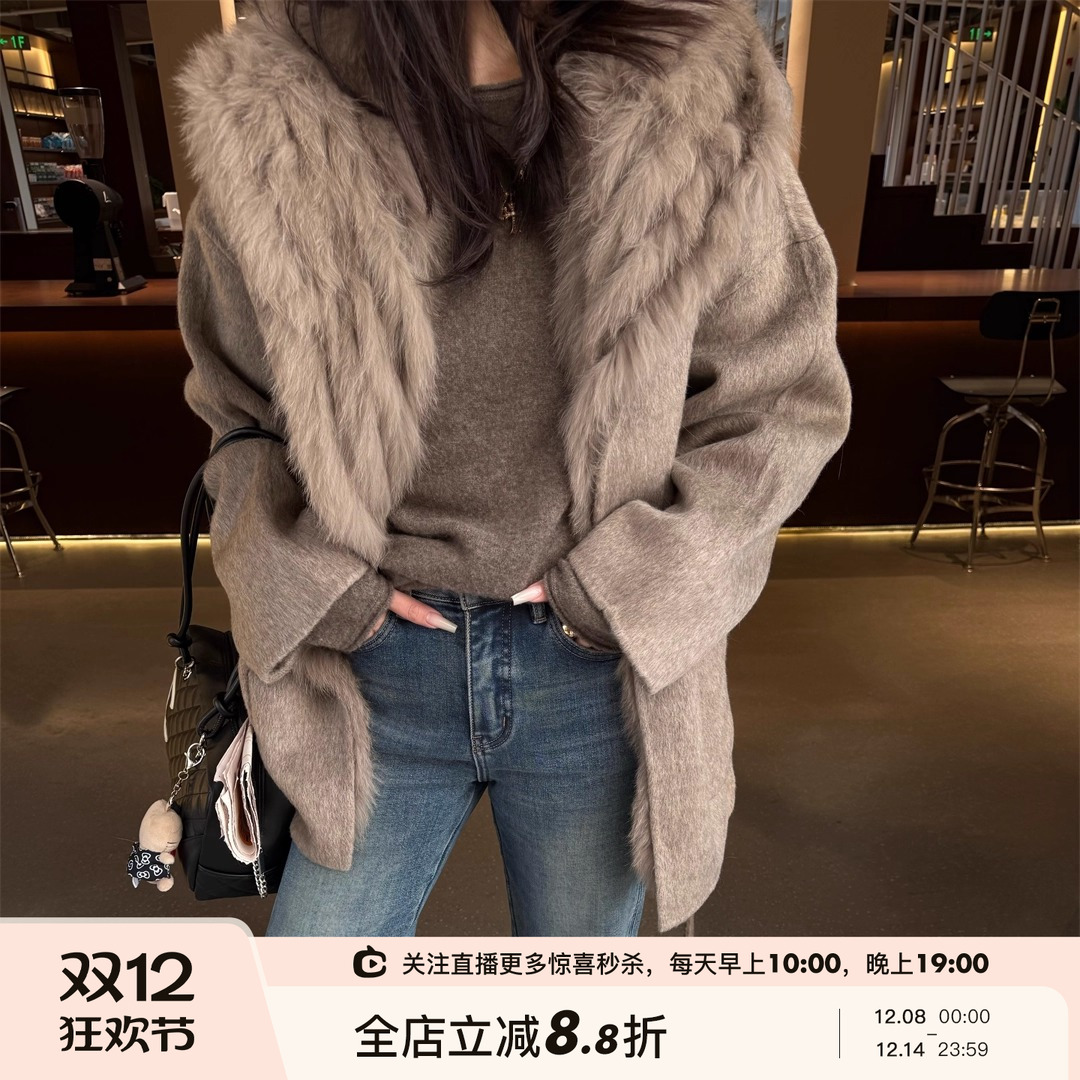 SHINE 富家千金100%羊毛 可拆卸狐狸毛马甲 皮草外套两件套