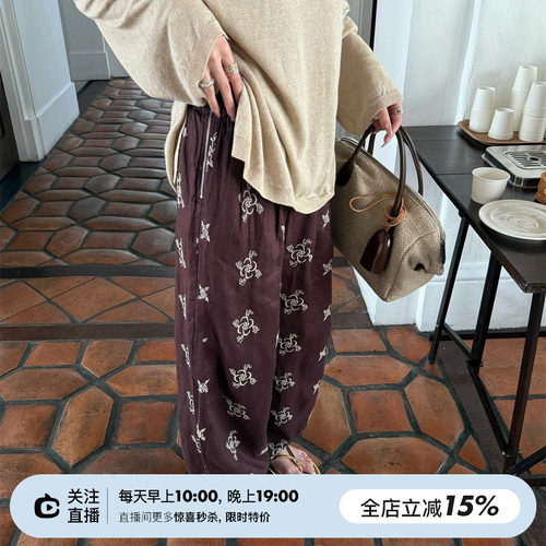手工刺绣松紧腰三色休闲裤