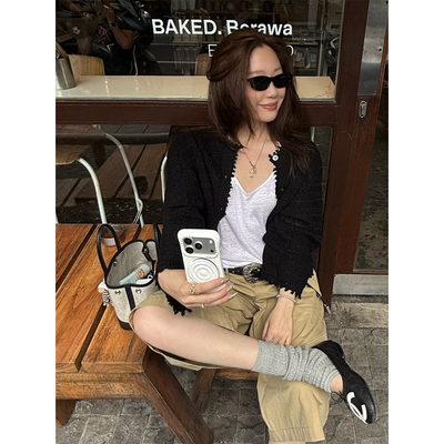 SHINE 春季新品 重工进口纱线 单排扣 薄款镂空 两色长袖针织开衫