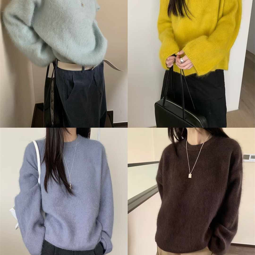 拉毛兔绒圆领套头针织毛衣