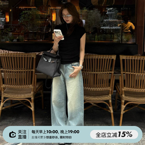 100%棉磨白设计高腰弯刀牛仔裤