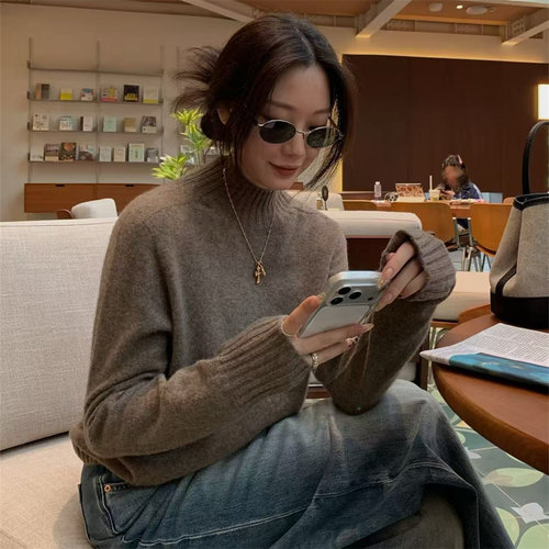 SHINE 不可机洗 无缝一体 100%牦牛绒 软糯 半高领三色针织毛衣