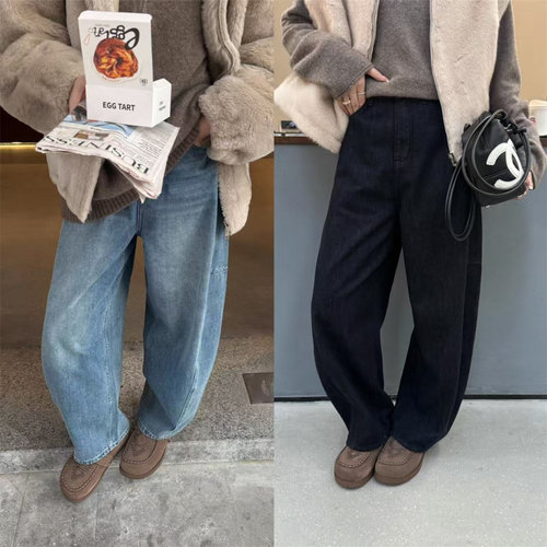 高腰两色弯刀阔腿牛仔裤