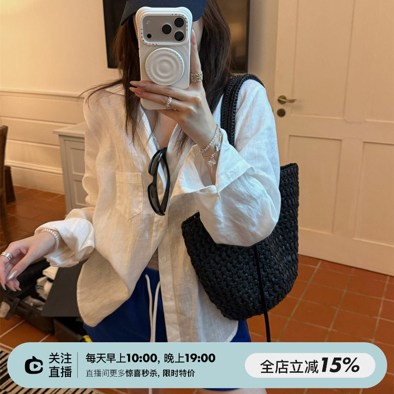 SHINE 不可机洗 极简风 轻薄透气 单口袋 亚麻翻领防晒长袖衬衫