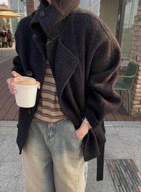 SHINE 复古经典 金敏喜 lem*ire同款 浣熊绒翻领两色大衣外套