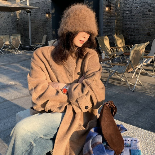 两色钻石羊驼毛大衣外套