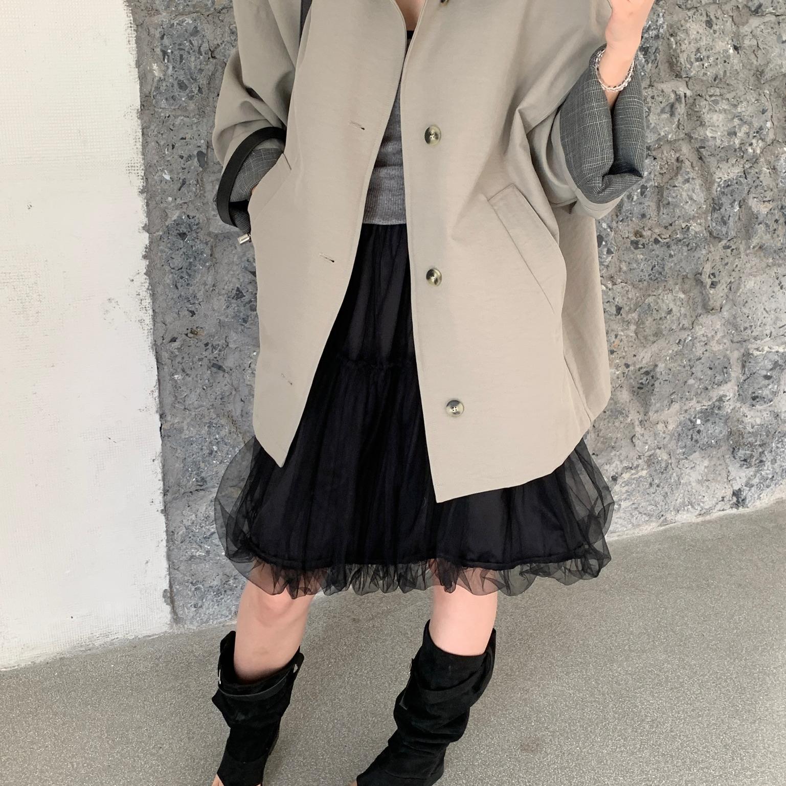 SHINE 现货 极简风 撞色翻领  宽松休闲 中长款两色风衣外套