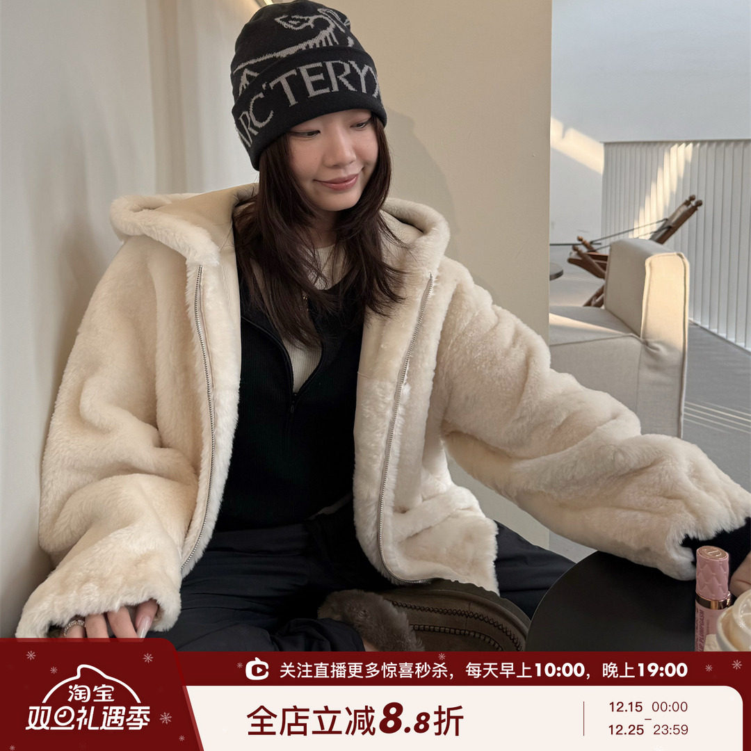 慵懒廓形连帽拉链皮草外套