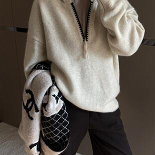 SHINE48小时退换 不可机洗 进口纱线 100%牦牛绒 半拉连三色毛衣