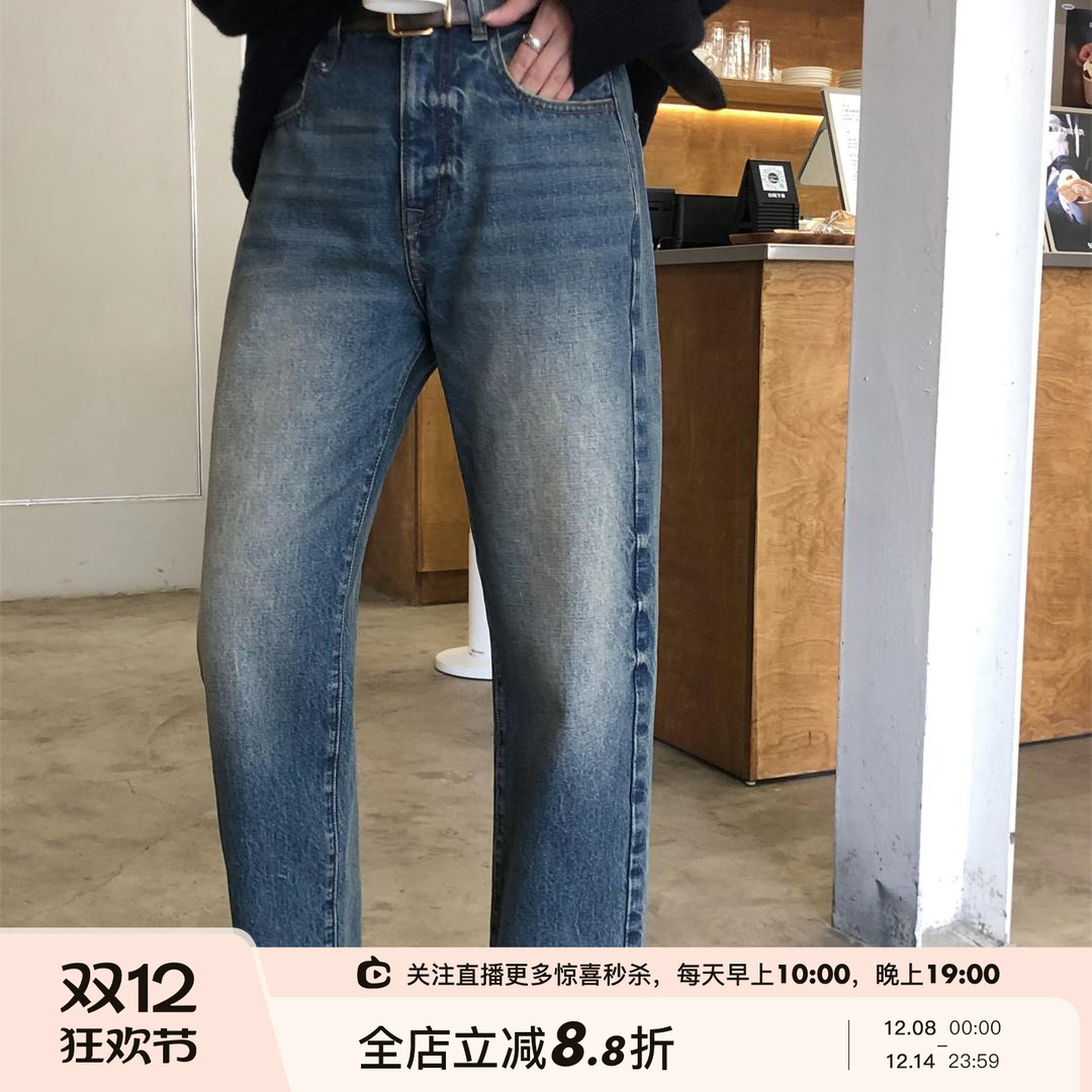 复古高腰直筒牛仔裤长裤