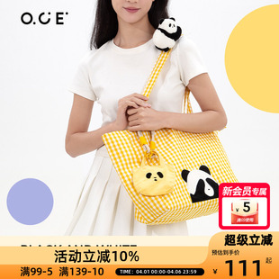 OCE熊猫单肩包学生新款 帆布包大容量通勤包包上课书包女 百搭时尚