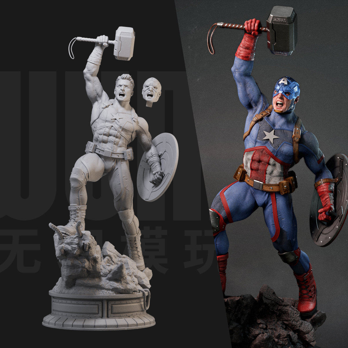 美国队长 雷神锤 漫威 1/24白模GK手办18比例兵人3D打印模型 1060
