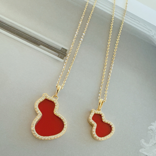 14K金红玛瑙满钻葫芦吊坠 黄金项链女款真金首饰