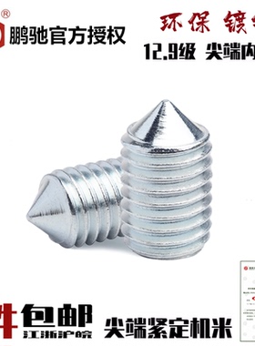 EG鹏驰45H12.9级内六角锥端镀锌螺丝DIN914紧定机米白锌GB78尖头