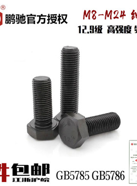 EG鹏驰细牙12.9级外六角螺丝螺栓全牙半牙细丝六角头GB5785GB5786