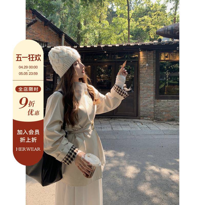 Herwear微胖mm 诺丁山秋日 荃棉一粒扣斗篷风衣女设计感显瘦外套