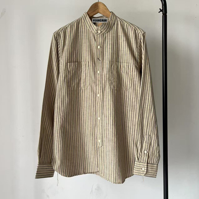 双R 春秋新品男装美式重磅棉质复古潮流做旧阿妹卡机条纹男士衬衫
