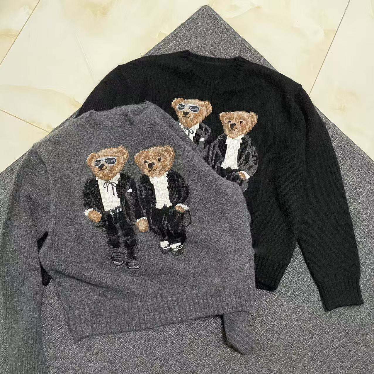 RL破落无领标新款女士纯羊毛圆领双小熊图案针织毛衣羊毛衫羊绒衫