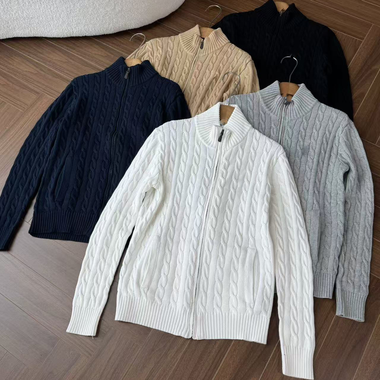 破锣男纯棉立领开衫毛衣半高领针织绞花麻花编织拉链开衫针织毛衣