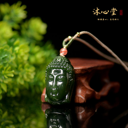 MJ369沐心堂精品俄料和田玉碧玉菠菜绿老料观音头吊坠链男款大气