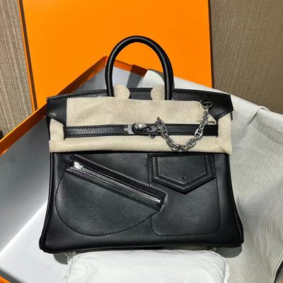 法国师傅纯手工蜡线铂金包原厂swift皮birkin Rock30 25 黑色银扣