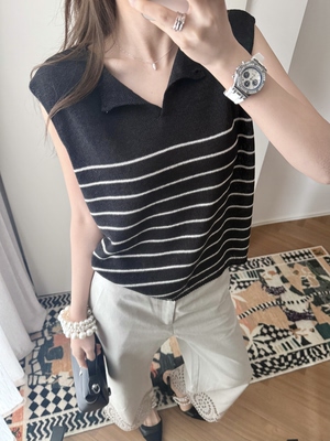 YZY韩国东大门2026早春新款条纹翻领无袖和纸针织背心女叠穿上衣