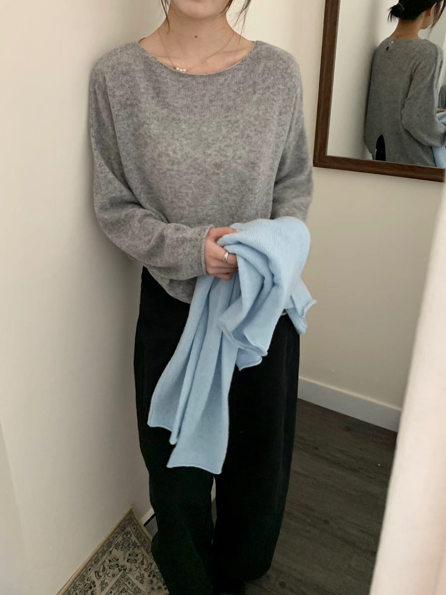 YZY 韩系简约一字领长袖两穿针织衫女宽松显瘦百搭薄毛衣上衣