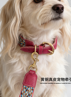 手工宠物牛皮牵引绳狗狗护脖项圈黄铜灵缇惠比特编织棉真皮脖圈
