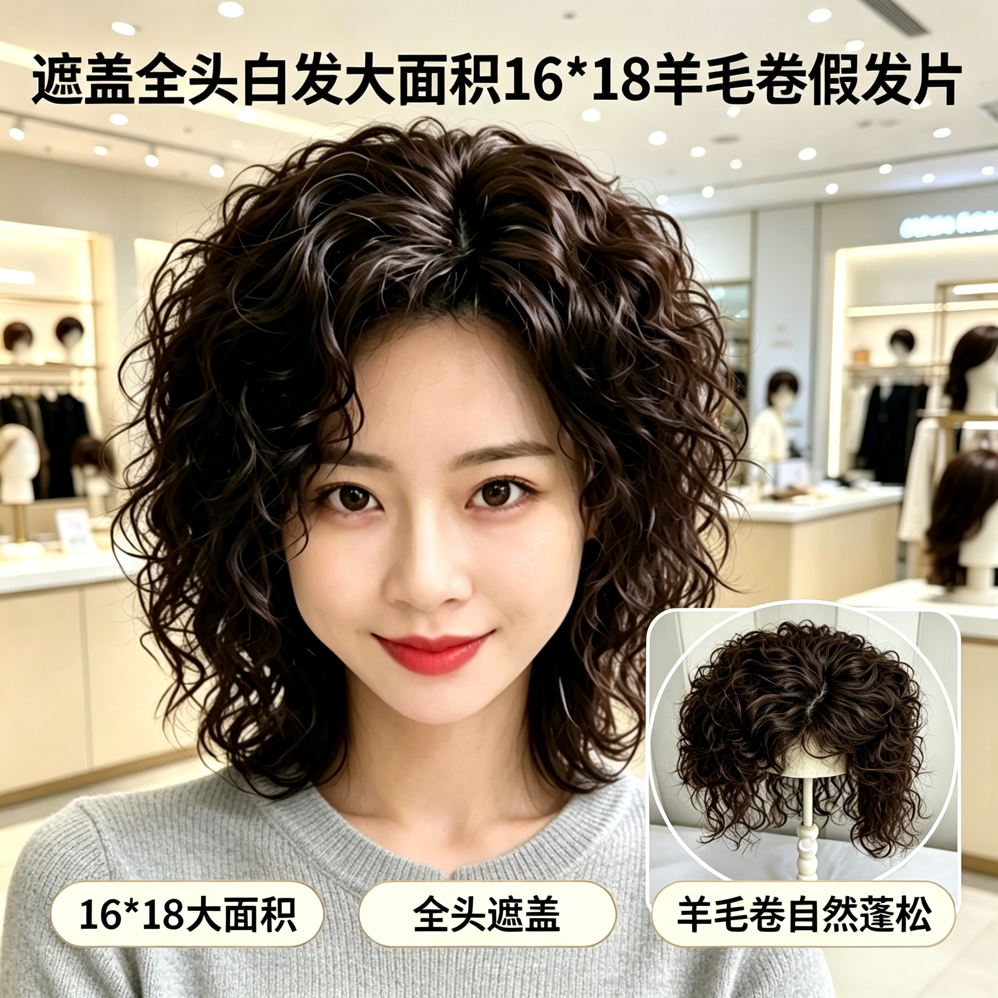 遮满头白发自然增发轻薄无痕羊毛卷假发片假发女片头顶真发卷发片图片