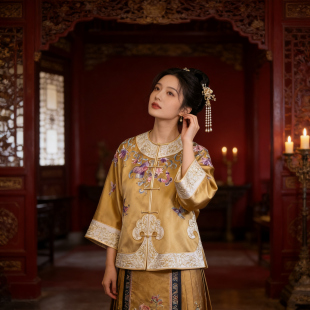 苏绣国风手工圆领对襟重磅桑蚕丝上衣外套气质 蝶恋莲华·上衣