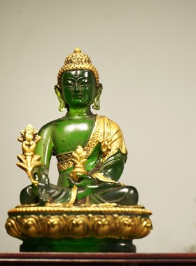 古玩杂项收藏 旧藏琉璃鎏金精雕细琢琉璃药师佛 尼泊尔工艺佛像