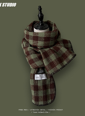 韩国ins新款复古绿色格子围巾女冬季韩版学生披肩保暖布标围脖男